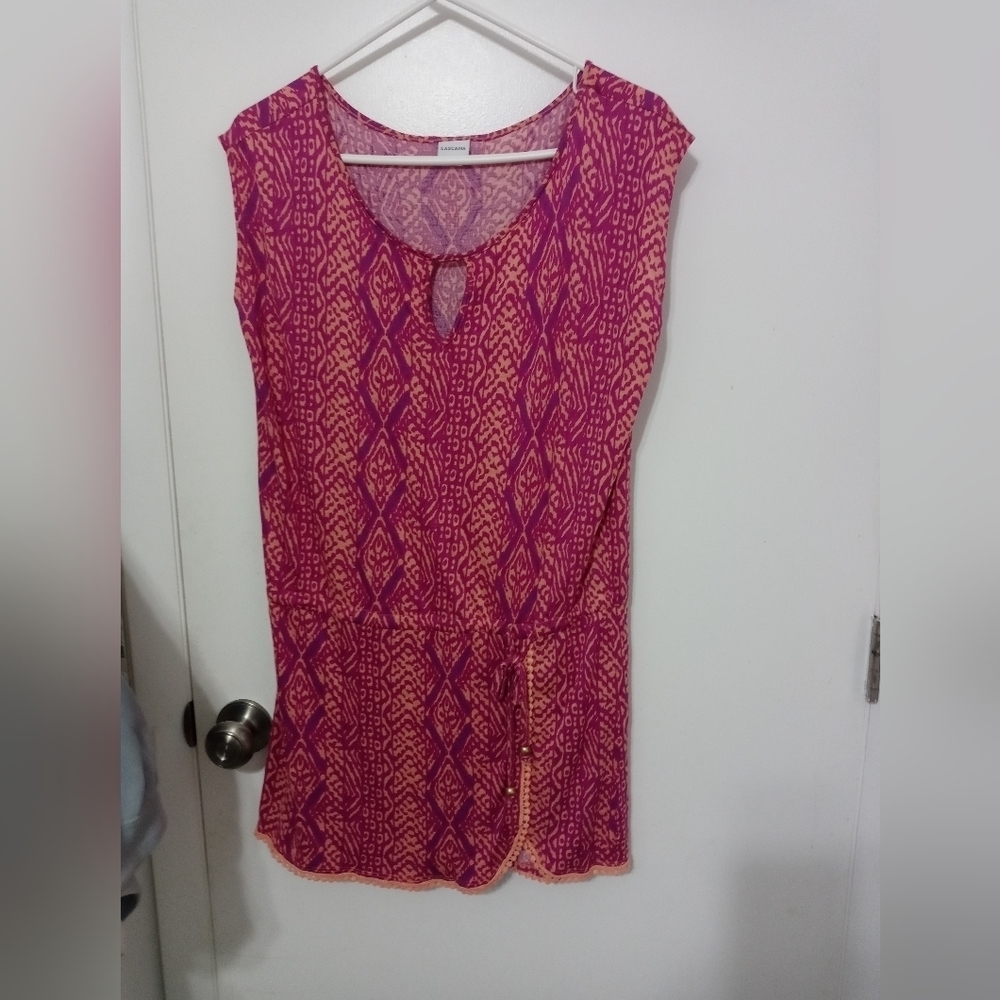 Lascana purple beige Snake Print Beach Coverup Cinch waist w Crochet accents